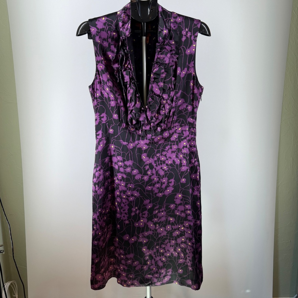 Tory Burch‎ 100% Silk Purple Floral Ruffle V-Neck Sleeveless Dress Size 12